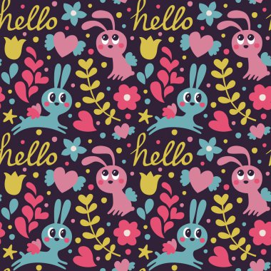 Dikişsiz şirin desen tavşan kanatları, çiçekler, kalpleri ile işaretlenmiş