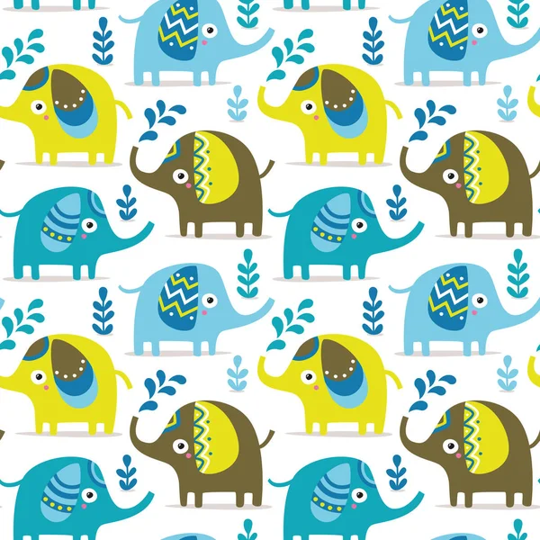 Seamless pattern with elephants, plants, jungle — Stock Vector