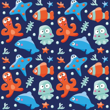 Balıklar, ahtapot ve yunus deniz seamless modeli