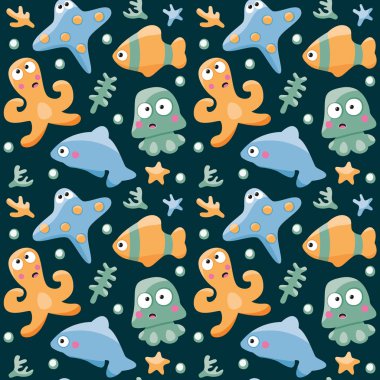 Balıklar, ahtapot ve yunus setr tropikal koleksiyonu vahşi deniz seamless modeli