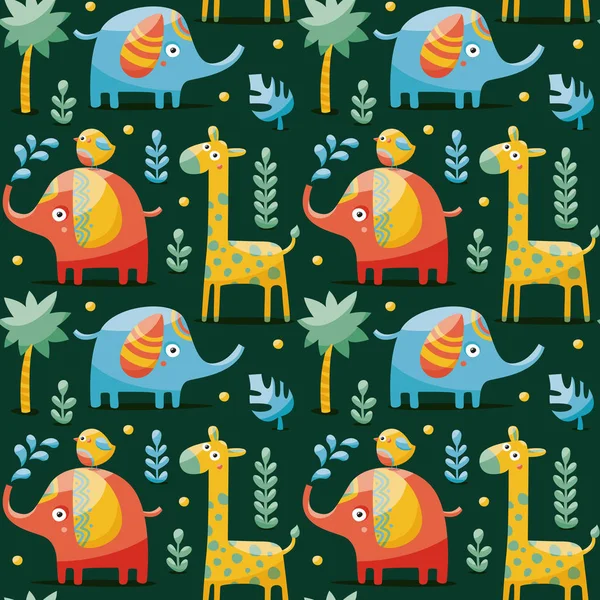 Seamless pattern with elephants, giraffe, bird, palm, plants, jungle animals wildlife woodland cartoon — Stock Vector