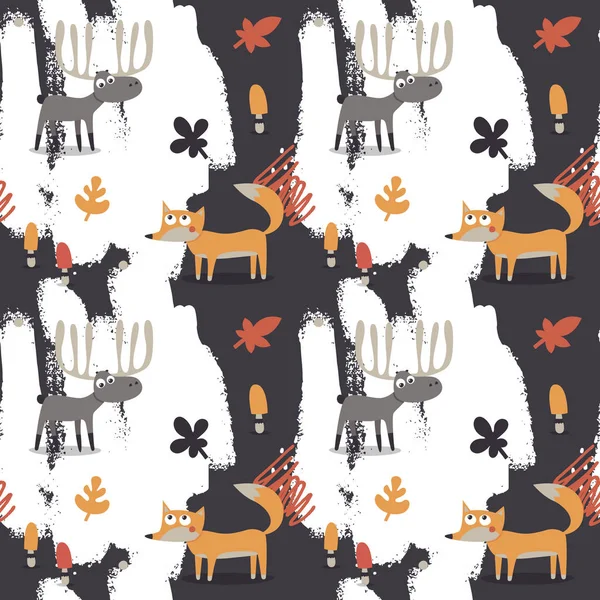 シームレスかわいい動物の秋のパターンキツネ、鹿、ムース — ストックベクタ