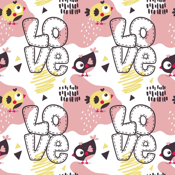 Seamless bright colorful cute pattern with love, hearts, birds, friends, Valentines Day — Stock Vector