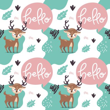 Geyik, arkadaş, sevgililer günü, bitki, yaprak ve çiçeklerle kusursuz renkli şirin desenler.