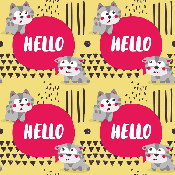 Seamless cute vector animal pattern with cats and graphic elements — Stok Vektör