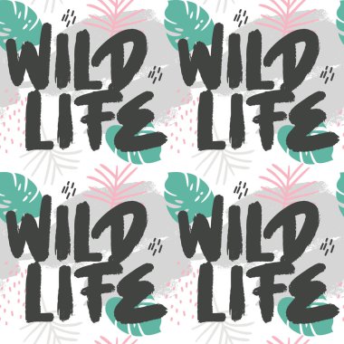 Seamless cute wild vector tropical pattern with leaves, plants, branches and graphic elements, wildlife