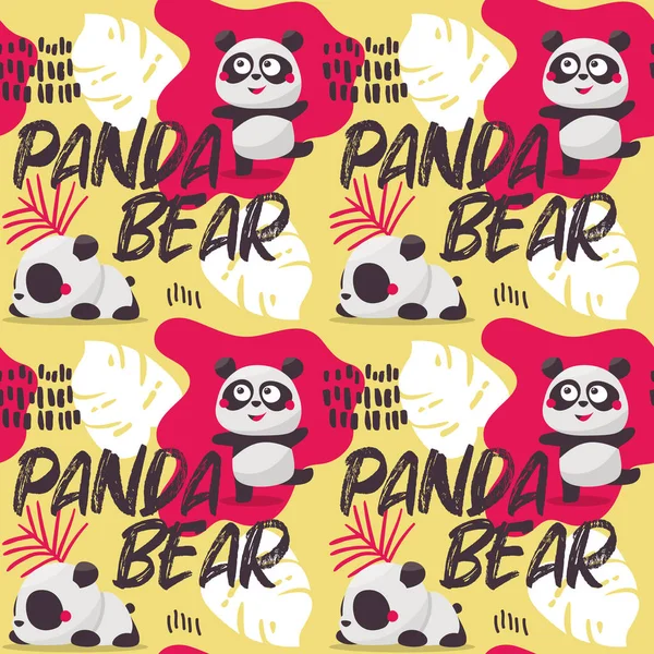Seamless cute animal vector pattern with Panda Bears, leaves and graphic elements