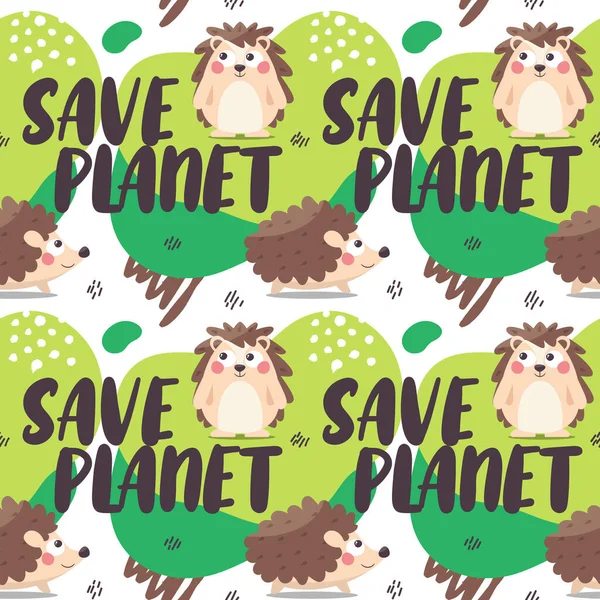 Padrão de vetor animal bonito Seamlaee com ouriços, inscrição Salve o planeta e elementos gráficos — Vetor de Stock