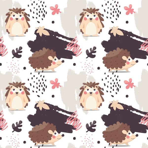 Seamlaee cute animal vector pattern with hedgehogs, leaves, plants and graphic elements — Stock Vector