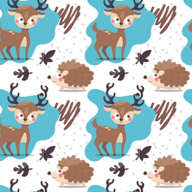 Kirpilerin, geyiklerin, yaprakların, bitkilerin ve grafik elementlerin bulunduğu şirin hayvan vektör deseni