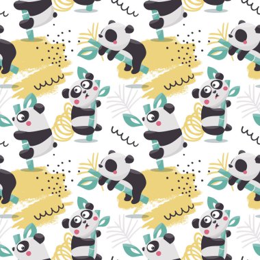 Bambu dalları, yapraklar ve bitkiler üzerinde panda ayıları olan kusursuz bir çizgi film vektör deseni.