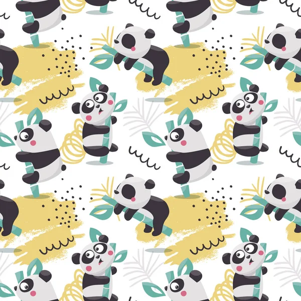 Padrão de vetor de desenho animado bonito sem costura com Panda Bears em ramos de bambu, folhas e plantas — Vetor de Stock