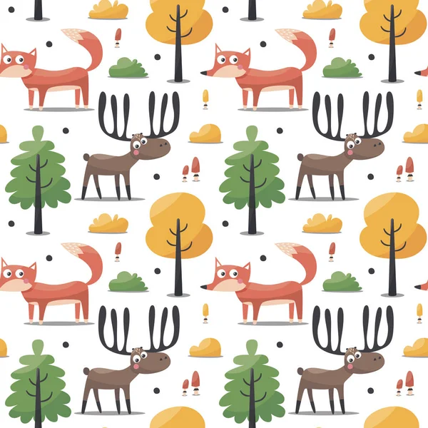 キツネ、鹿、木や植物とシームレスな森林ベクトルパターン — ストックベクタ