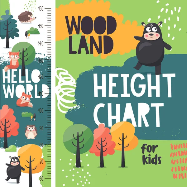 Mignon compteur de hauteur vectoriel des bois pour les enfants avec des animaux : renard, ours, hérisson, arbres, plantes, nature — Image vectorielle