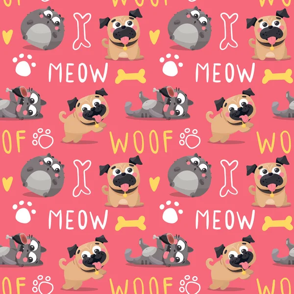 Naadloze schattige vector dier huisdier patroon met pug honden en katten, poot en been, miauw en inslag — Stockvector