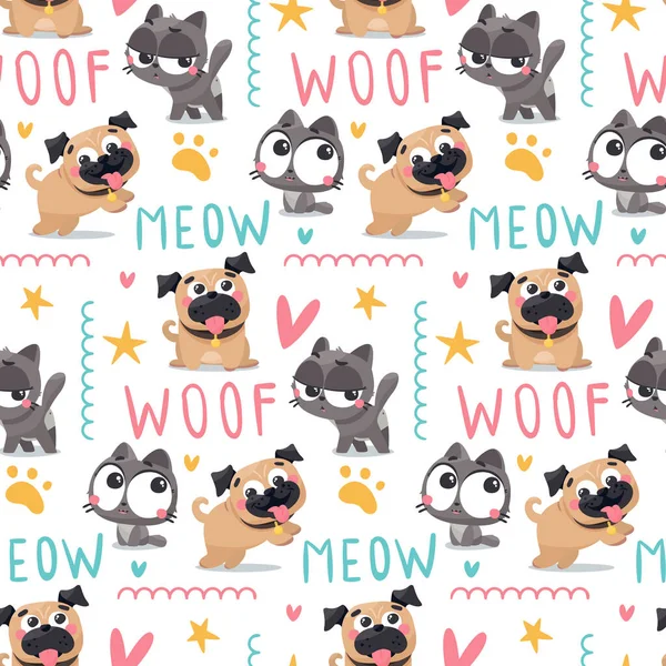 Naadloze schattige vector dier huisdier patroon met pug honden en katten, poot en been, miauw en inslag — Stockvector