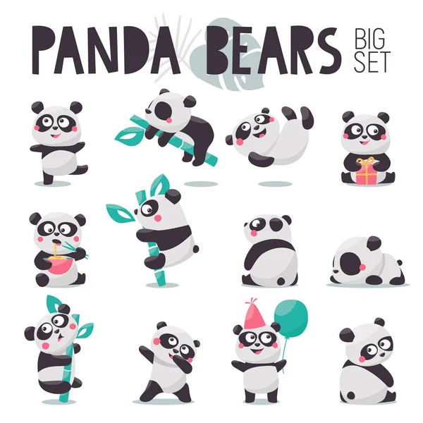 Panda karakterlerinin büyük hayvan vektör illüstrasyonu koleksiyonu