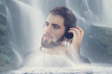 Man listening relaxation music in nature at waterfall double exp clipart