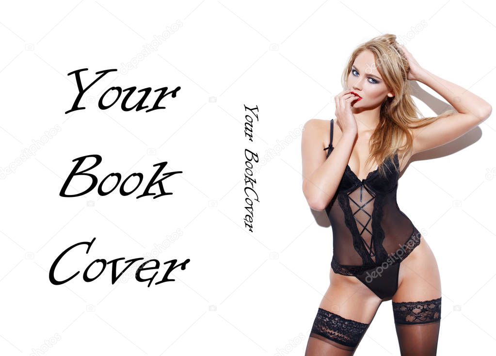 Sexy blonde woman posing at white wall book cover template