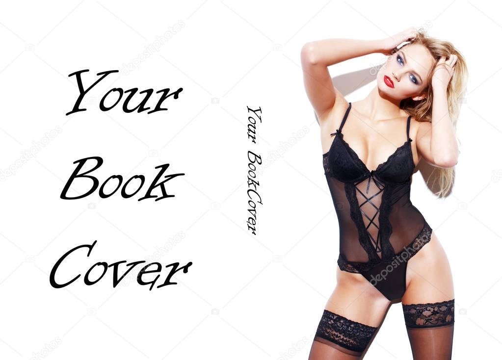 Sexy blonde woman in transparent underwear posing book cover tem
