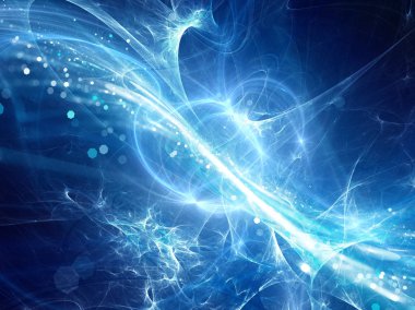 Uzayda parçacıklar ile mavi parlak plazma eğrileri