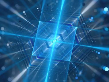 Blue glowing futuristic quantum processor  clipart