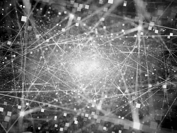 Glowing connections in space with particles, black and white tex — Stock Photo, Image