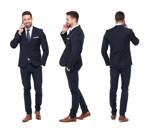 Young caucasian businessman calling front side back view isolate — Stock Photo, Image