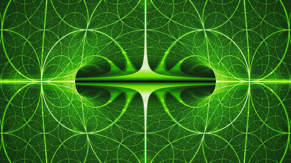 Green glowing 4 dimensional object in space, computer generated abstract background, 3D rendering