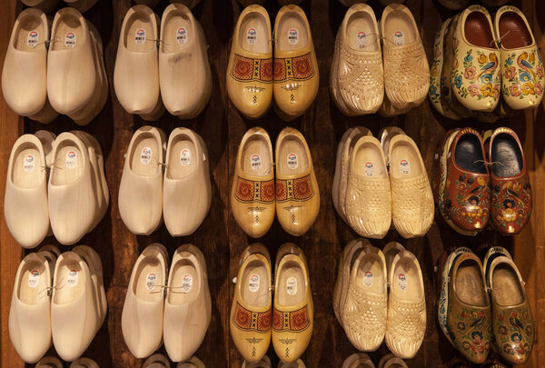 Zaanse Schans, Netherlands - May 15: Dutch Clogs made of poplar wood, traditional shoes with colorful paintings