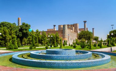 Mavi mozaik çeşme Registan Meydanı'Semerkand, Özbekistan