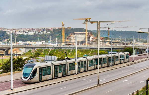 Modern built tram in the centre of Rabat. The Rabat-Sale tramway system consists of 2 lines — Stock Photo, Image