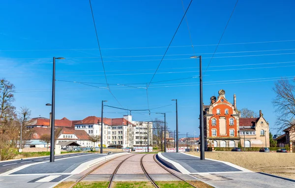 Nova linha de eléctrico Estrasburgo Kehl para ligar a França e a Alemanha. Uma parada no lado francês — Fotografia de Stock