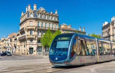 City tram on Place de la Victoire in Bordeaux, France