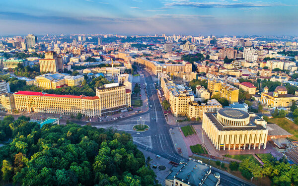 Aerial view of Khreshchatyk, European Square and Ukrainian House in the city centre of Kiev