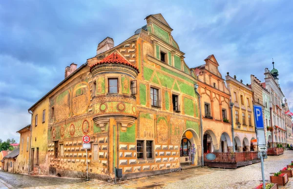 Geleneksel evleri ana meydanında Telc, Çek Cumhuriyeti