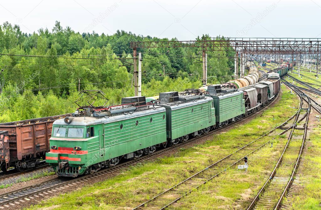 Freight train at Bekasovo-Sortirovochnoye station, the largest in Europe railway station. Moscow, Russia