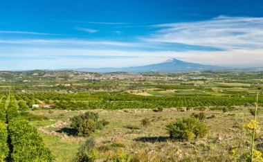 Etna Dağı ve Scordia kasaba ile Panorama Sicilya. İtalya