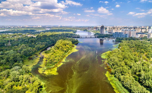 Aerial view of the Dnieper river in Kyiv, Ukraine