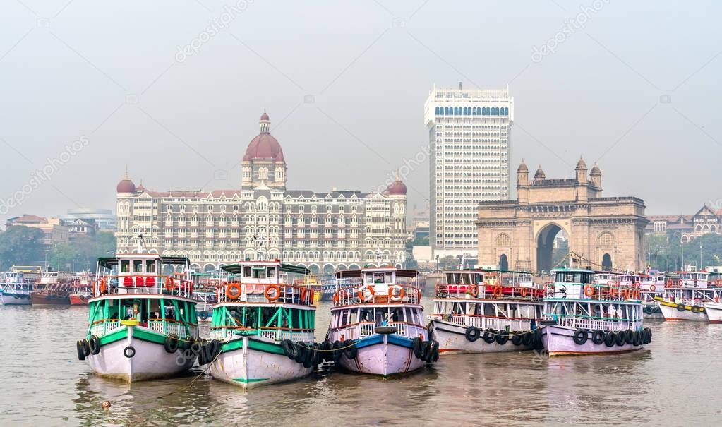 Ferries near the Gateway of India in Mumbai, India