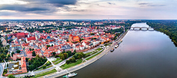 Aerial view of Torun city with the Vistula River in Poland