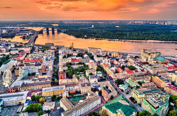 Aerial view of Podil, a historic district of Kiev, Ukraine