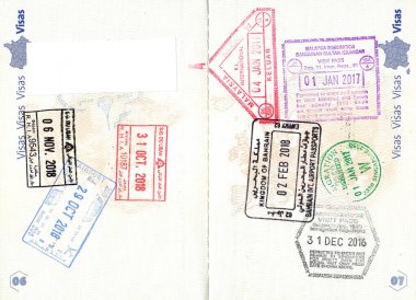 Lübnan, Kuveyt, Katar, Malezya, Bahreyn ve Singapur pulları Fransız pasaportunda