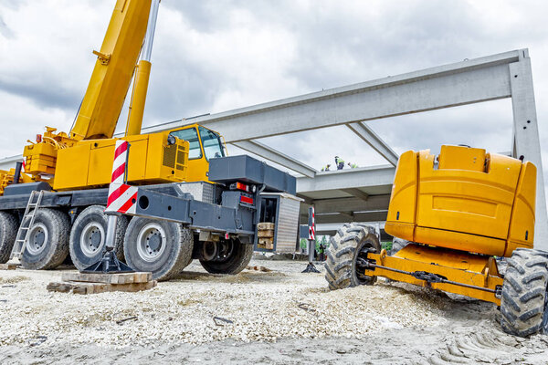 Low angle view on big crane's wheels, undercarriage