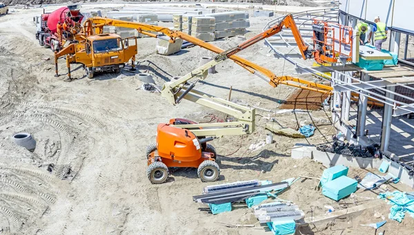 Above view on process of concrete transport over pump — Stock Photo, Image