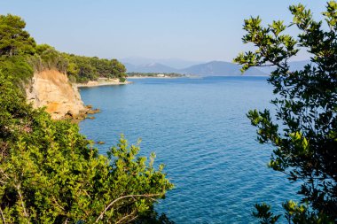 Yeşil bitki örtüsü ve mavi deniz suyu koy görüntüleyin 
