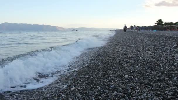 Lever de soleil, matin sur la mer avec des vagues mousseuses contre des cailloux sur une plage, côte — Video