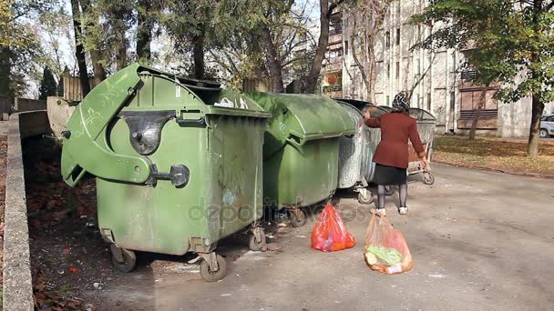 Бездомна Жінка Шукає Їжу Сміттєзвалищі Жінка Бідності Шукає Щось Контейнері — стокове відео