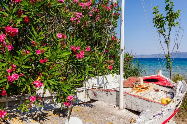 Abandoned small and aged sailboat is dry docked on the beach, we — Stock Photo, Image