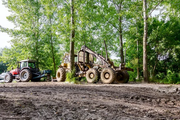 Machines voor ontbossing worden geparkeerd in bos — Stockfoto